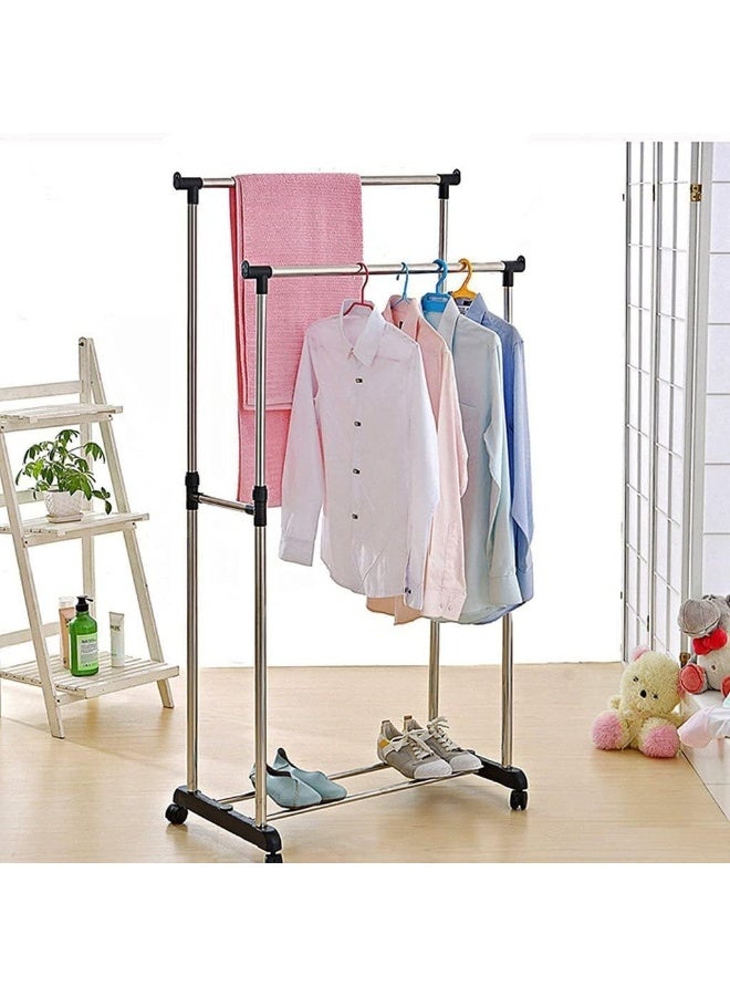 Toshionics Double Pole Cloth Rack Stainless Steel And Plastic Adjustable Indoor Outdoor Hanging Garment Towel With Wheels Portable Foldable Clothes Drying Stand - Image 3