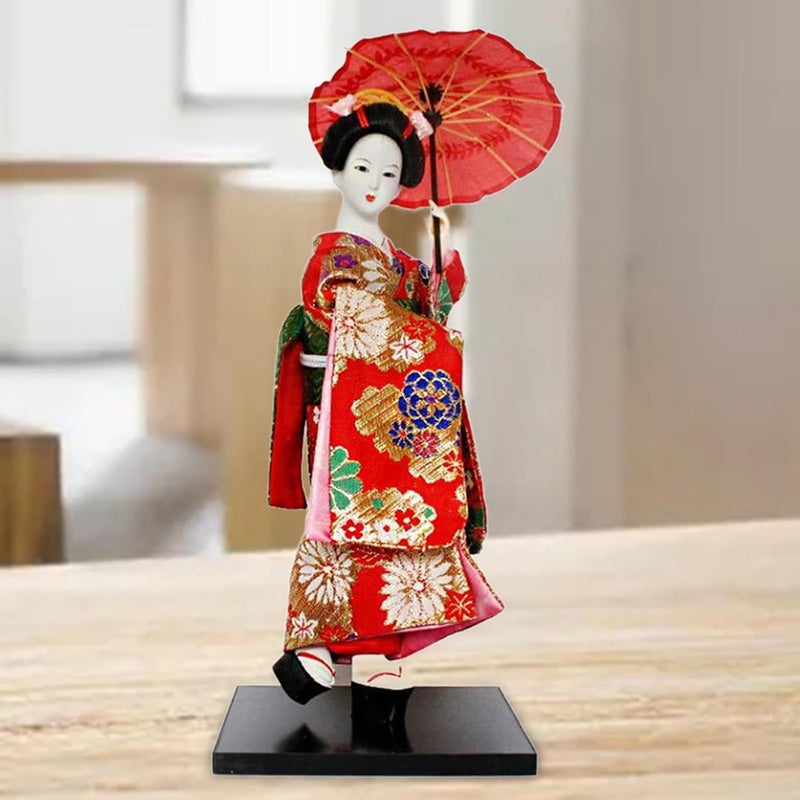 12" Japanese Geisha, Kimono Dolls, Asian Geisha Doll, Girl Statue for Shelf Tabletop, Red - Image 5
