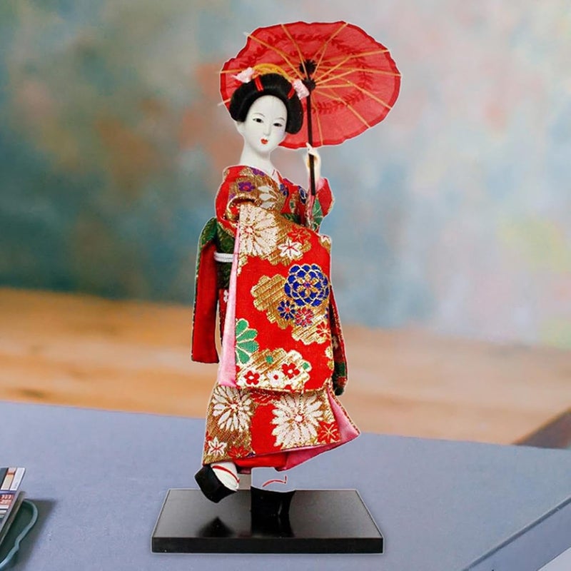 12" Japanese Geisha, Kimono Dolls, Asian Geisha Doll, Girl Statue for Shelf Tabletop, Red - Image 4