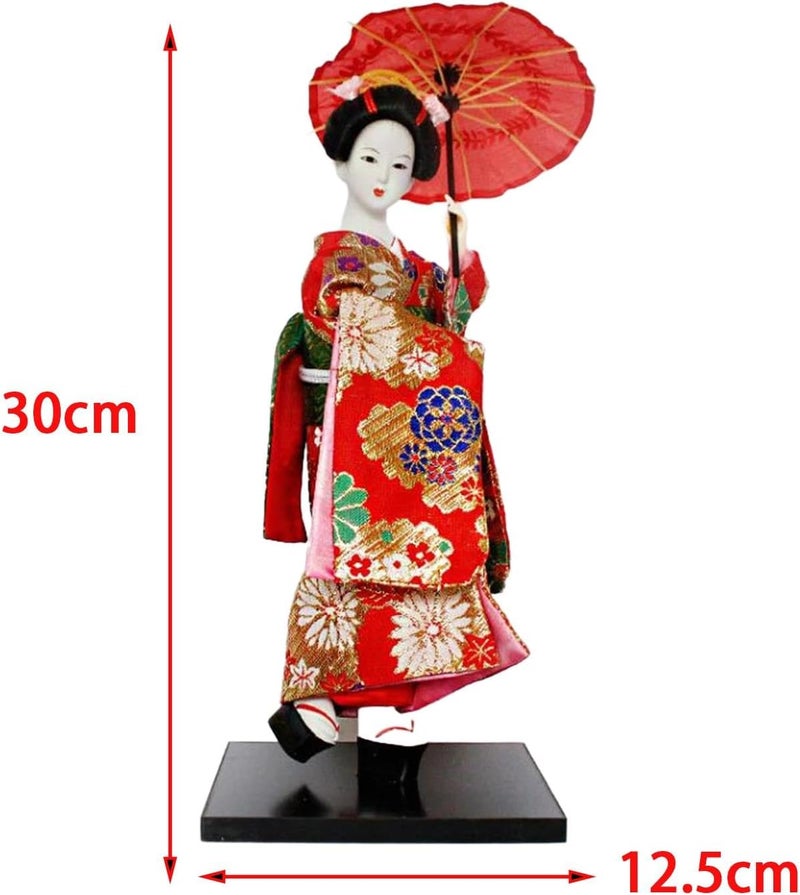 12" Japanese Geisha, Kimono Dolls, Asian Geisha Doll, Girl Statue for Shelf Tabletop, Red - Image 2