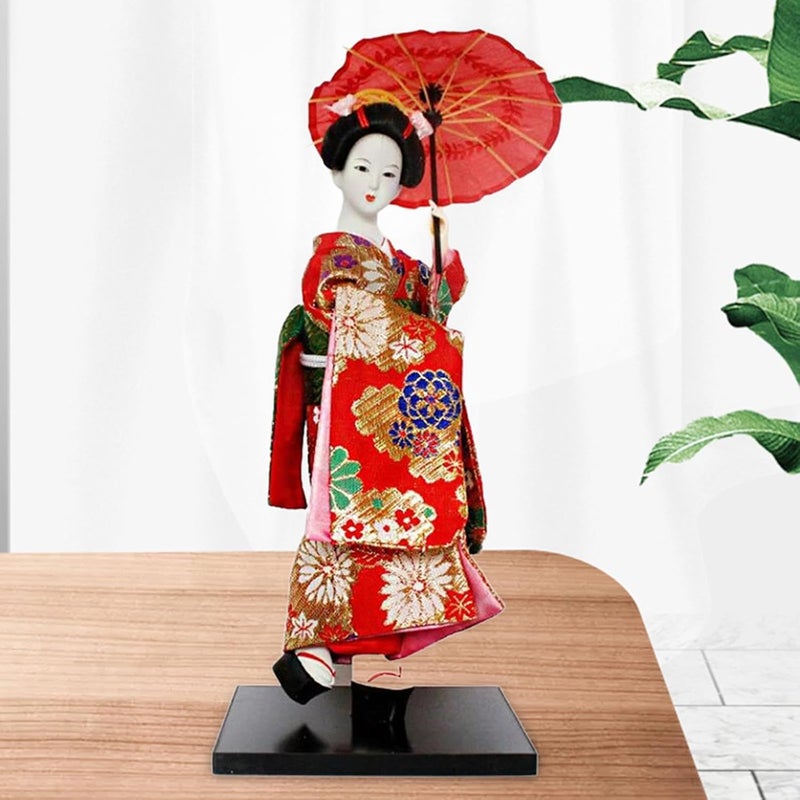 12" Japanese Geisha, Kimono Dolls, Asian Geisha Doll, Girl Statue for Shelf Tabletop, Red - Image 3