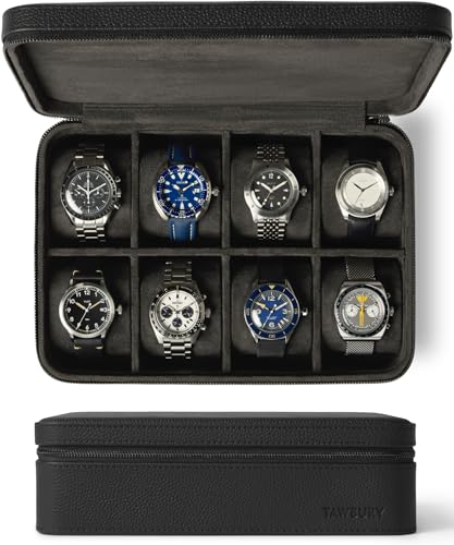 TAWBURY Watch Case 8 Slot Genuine TopGrain Leather Watch Box for Men Women with Extra Wide Pillows for Large Watches Portable Wristwatch Storage for Home Travel Black - Image 1