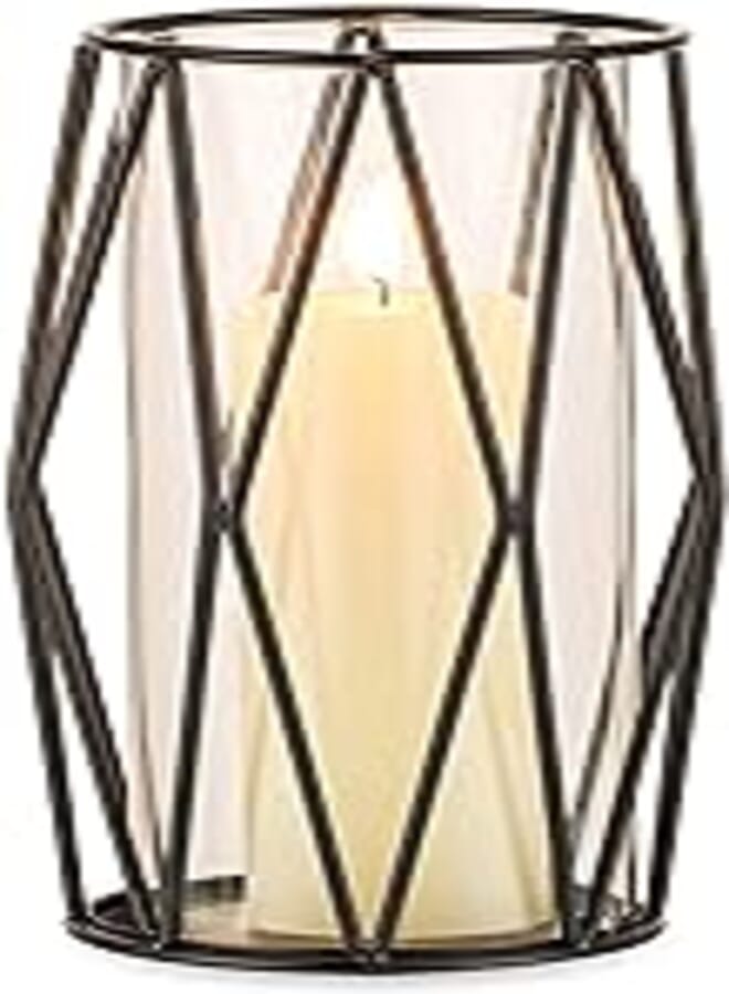 Nuptio Glass Candle Holder for Pillar Candles Black Pillar Candle Holders Geometric Metal Candle Stand Small Hurricane Candleholder Flower Vase for Office Dining Living Room Bar Cafe