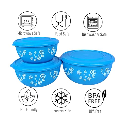 Zaib Microwave Safe Stainless Steel Mixing Bowl Set with Lids | Spiral Printed | Blue Euro Style Food Storage Containers for Kitchen | Pack of 3 (Classic Blue Spiral) - Image 2