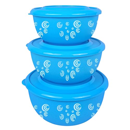 Zaib Microwave Safe Stainless Steel Mixing Bowl Set with Lids | Spiral Printed | Blue Euro Style Food Storage Containers for Kitchen | Pack of 3 (Classic Blue Spiral) - Image 1