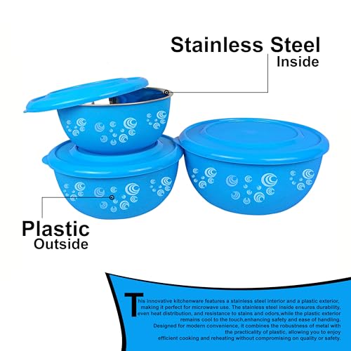 Zaib Microwave Safe Stainless Steel Mixing Bowl Set with Lids | Spiral Printed | Blue Euro Style Food Storage Containers for Kitchen | Pack of 3 (Classic Blue Spiral) - Image 3