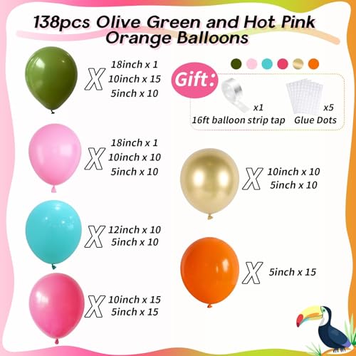 Paeyeq 138pcs Flamingo Tropical Luau Balloons Arch Garland Kit Olive Green and Hot Pink Orange Gold Hawaiian Balloons for Kids Summer Beach Aloha Pool Birthday Baby Shower Party Decorations Supplies - Image 5