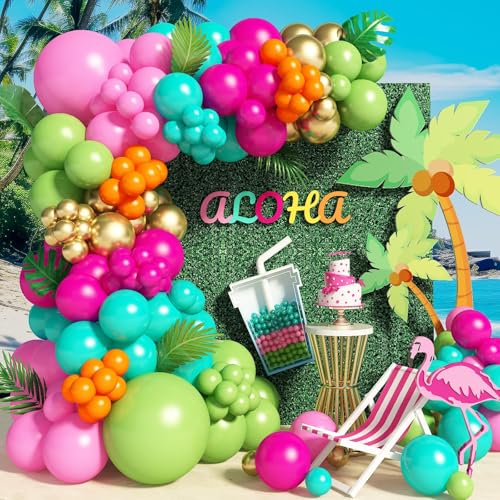 Paeyeq 138pcs Flamingo Tropical Luau Balloons Arch Garland Kit Olive Green and Hot Pink Orange Gold Hawaiian Balloons for Kids Summer Beach Aloha Pool Birthday Baby Shower Party Decorations Supplies - Image 1