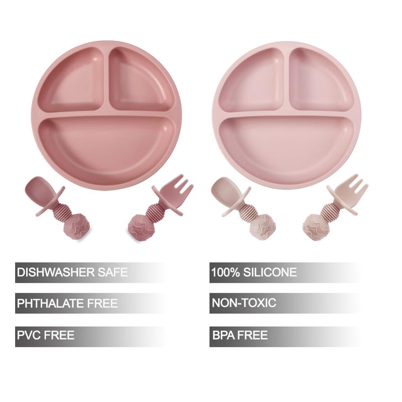 PandaEar 2 Pack Toddler Divided Suction Plates with 2 Spoons 2 Forks for Babies | Silicone Baby Led Weaning Supplies Self Feeding Eating Utensils | BPA-Free Silicone Baby Feeding Set -Pink - Image 2