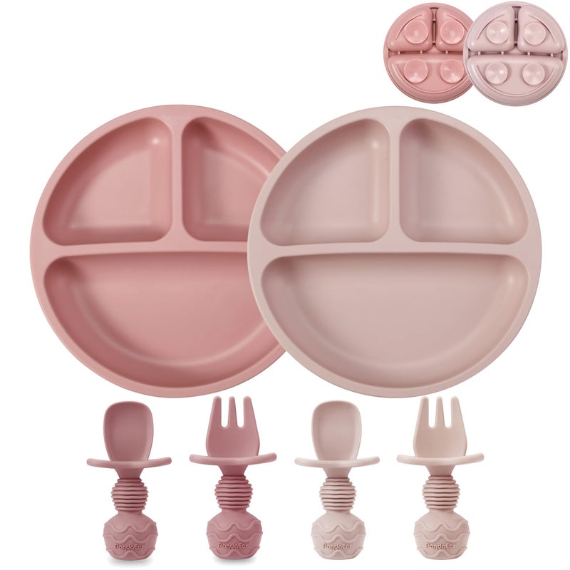 PandaEar 2 Pack Toddler Divided Suction Plates with 2 Spoons 2 Forks for Babies | Silicone Baby Led Weaning Supplies Self Feeding Eating Utensils | BPA-Free Silicone Baby Feeding Set -Pink - Image 1