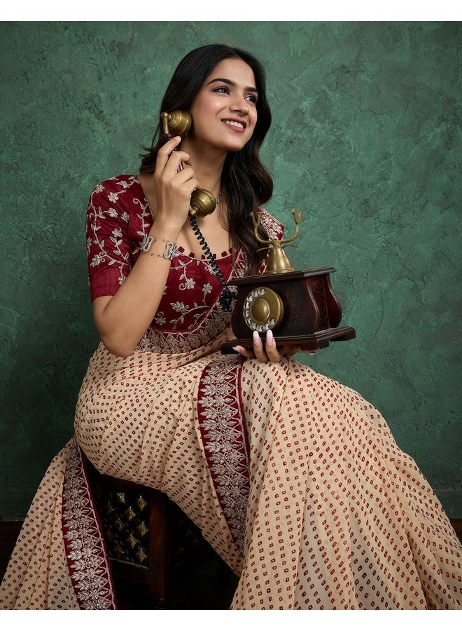 SIRIL Women's Georgette Bandhani Printed Saree With Unstitched Blouse Piece (4292S929_Dark Cream & Maroon) - Image 4