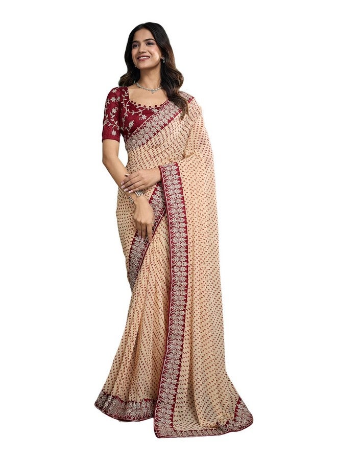 SIRIL Women's Georgette Bandhani Printed Saree With Unstitched Blouse Piece (4292S929_Dark Cream & Maroon) - Image 1