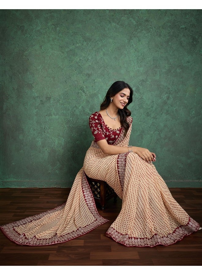 SIRIL Women's Georgette Bandhani Printed Saree With Unstitched Blouse Piece (4292S929_Dark Cream & Maroon) - Image 5