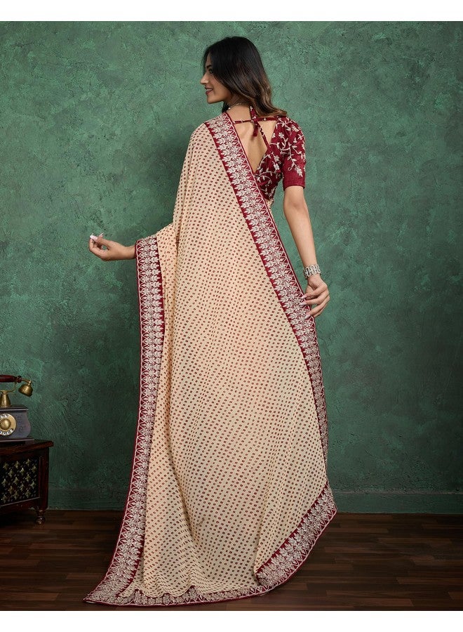 SIRIL Women's Georgette Bandhani Printed Saree With Unstitched Blouse Piece (4292S929_Dark Cream & Maroon) - Image 3