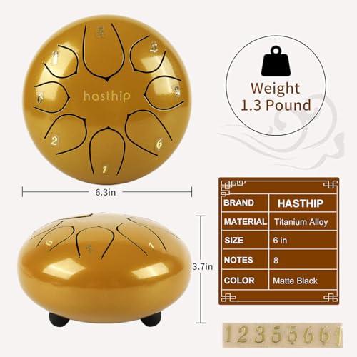 HASTHIP® 6-inch Steel Tongue Drum 8 Note, Percussion Instrument Handpan Drum with Bag, Music Book and Mallets for Kids and Adults Meditation Musical Education Concert Mind Healing Yoga (Gold) - Image 3