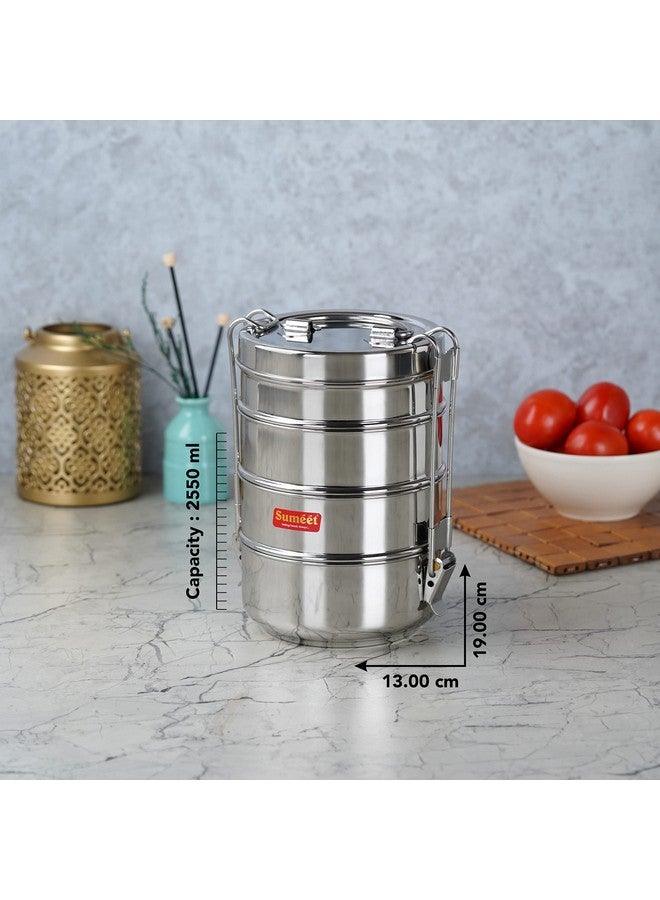 Sumeet Sumeet Stainless Steel 4 Compartment Lunch Box/Tiffin with Lid and Handle, 13Cm Dia, (2550ML, Silver)  - Image 4