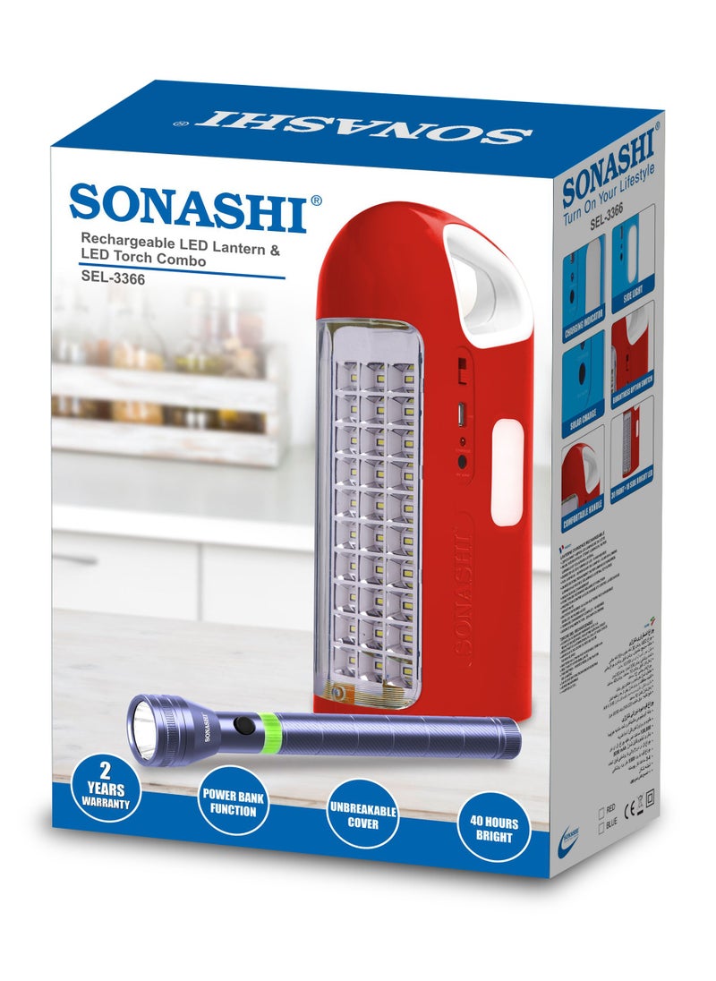 SONASHI - Rechargeable Emergency Lantern And LED Torch Combo with Solar Charge and Power Bank Function  Working Time  40 Hours (Bright Mode) with Overheat Protection  Best for Camping and Indoors SEL-3366 Red - Image 1