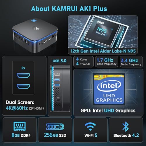 KAMRUI كمروى AK1PLUS كمبيوتر مصغر، معالج N95 (حتى 3.4GHz)، 8GB ذاكرة DDR4، 256GB SSD M.2، كمبيوتر مكتبي مصغر يدعم SSD بحجم 2.5 بوصة، مزدوج 4K، واي فاي، إيثرنت للأعمال، المكتب، المنزل - Image 2