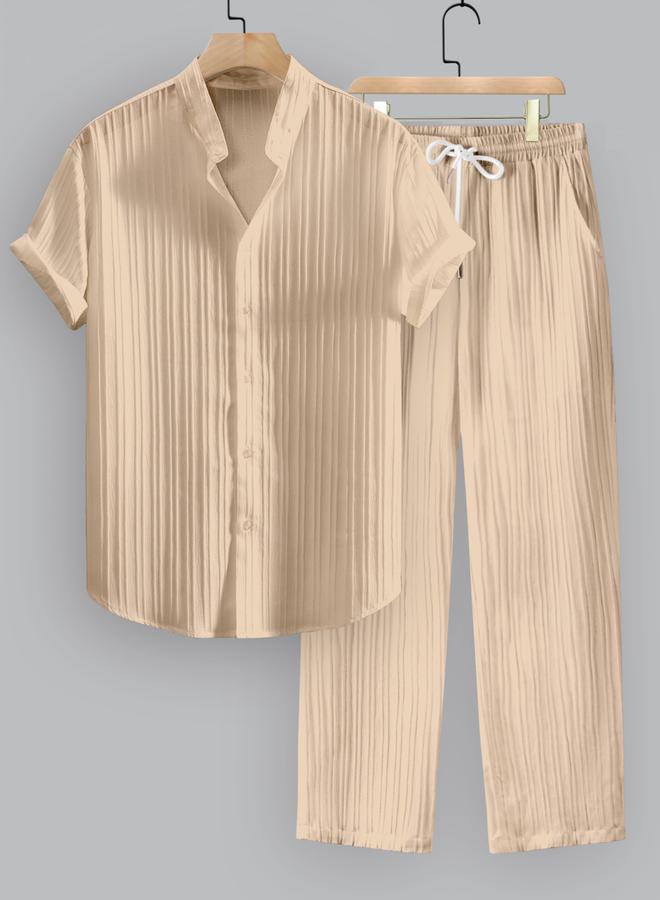 Take Two Men Beige Textured Shirt and Pants Co-Ords - Image 2
