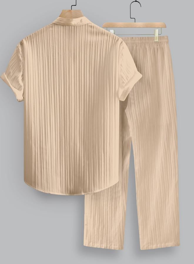 Take Two Men Beige Textured Shirt and Pants Co-Ords - Image 3