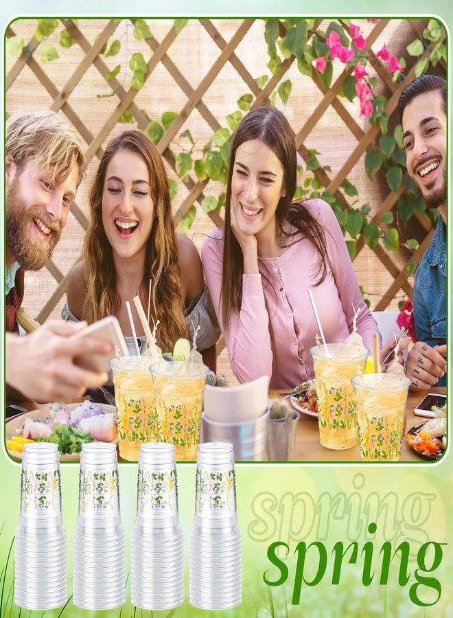 Jingmore مجموعة جينغمور من 48 كوبًا بلاستيكيًا شفافًا للاستخدام مرة واحدة، مزينة بنقوش زهور برية، سعة 12 أونصة، مثالية للمشروبات الباردة، مناسبة لحفلات الزفاف وحفلات استقبال المولود. - Image 2