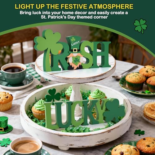 WellSign St Patrick's Day Table Decorations 2 Pcs Wooden Shamrock Gnome Lucky Sign Centerpieces for Table Tiered Tray Decor, Green Irish Leprechaun Themed Decor for Saint Patty's Party Home Farmhouse - Image 3