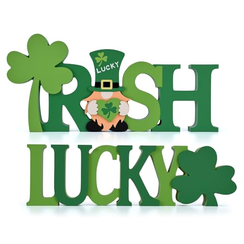 WellSign St Patrick's Day Table Decorations 2 Pcs Wooden Shamrock Gnome Lucky Sign Centerpieces for Table Tiered Tray Decor, Green Irish Leprechaun Themed Decor for Saint Patty's Party Home Farmhouse - Image 1