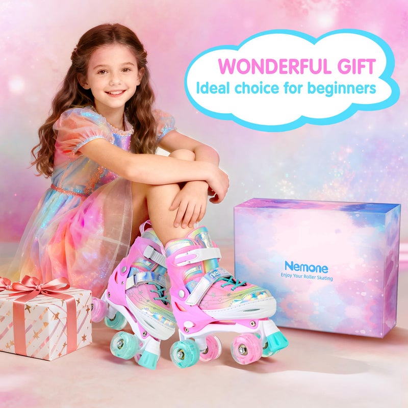 NEMONE Unicorn 4 Size Adjustable Light up Roller Skates for Girls, Pink Skates for Toddlers, Beginner Kids Roller Skates Indoor Outdoor (Unicorn M NEW) - Image 3