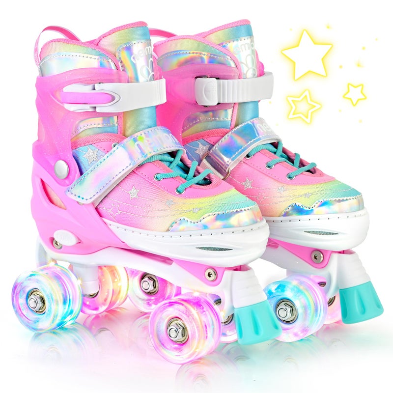NEMONE Unicorn 4 Size Adjustable Light up Roller Skates for Girls, Pink Skates for Toddlers, Beginner Kids Roller Skates Indoor Outdoor (Unicorn M NEW) - Image 1