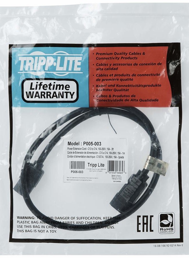 Tripp Lite Heavy Duty Computer Power Extension Cable PDU Cord 15A 14 AWG C14 to C13, 0.91 m (P005-003) - Image 4