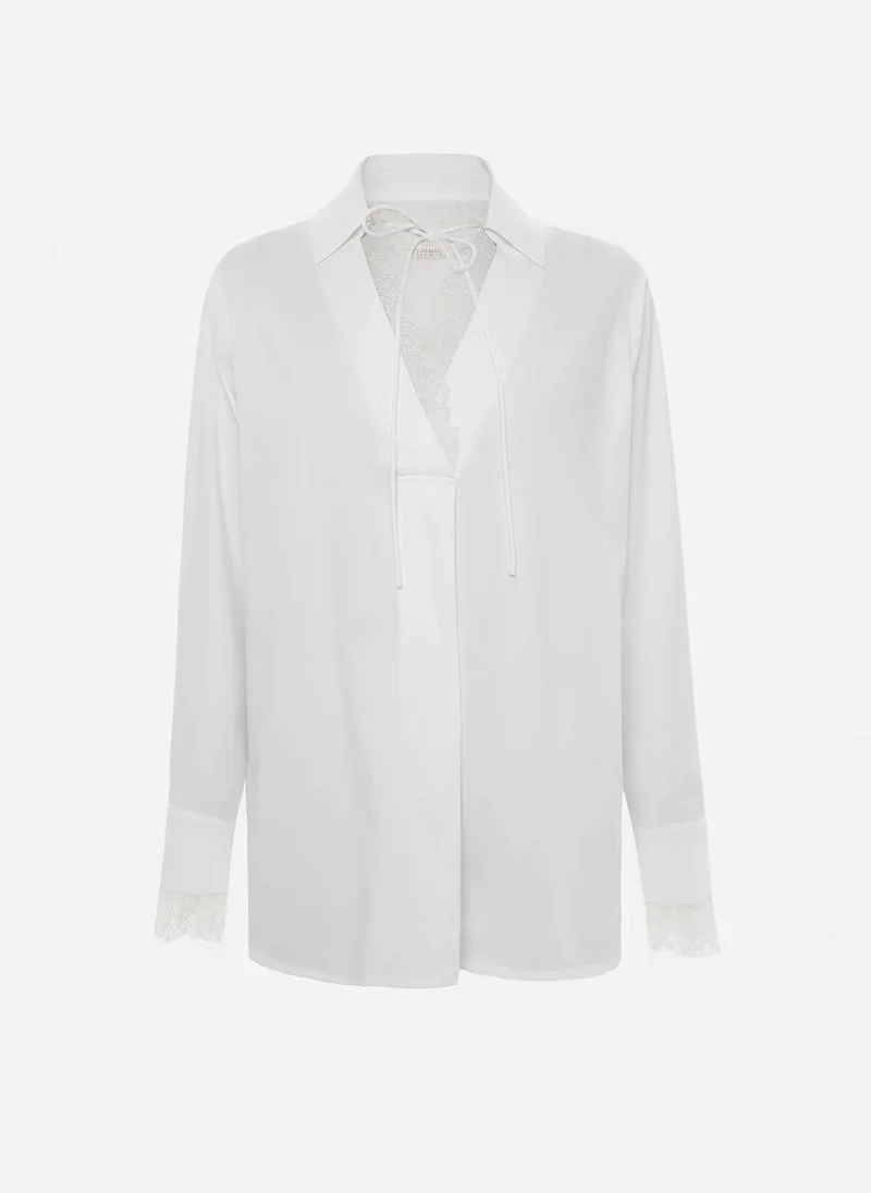 Lichi  Blouse with lace trim and ties at the collar for Women | Best Price UAE