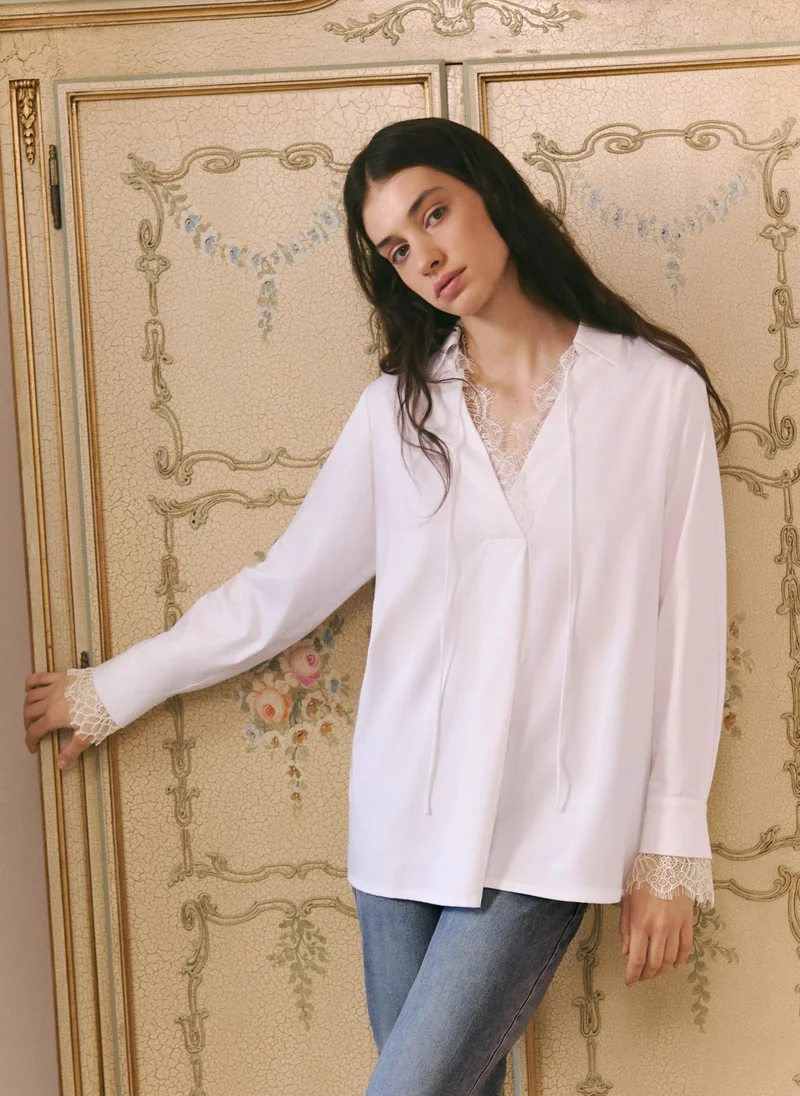 Lichi  Blouse with lace trim and ties at the collar for Women | Best Price UAE