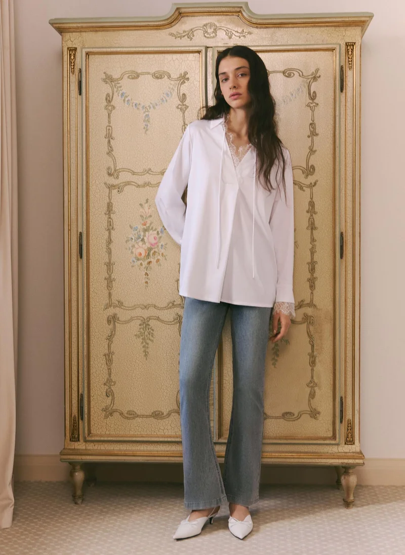 Lichi  Blouse with lace trim and ties at the collar for Women | Best Price UAE