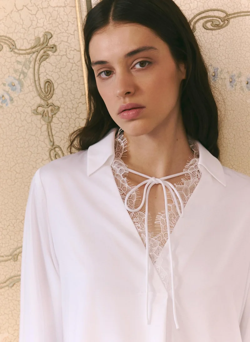 Lichi  Blouse with lace trim and ties at the collar for Women | Best Price UAE