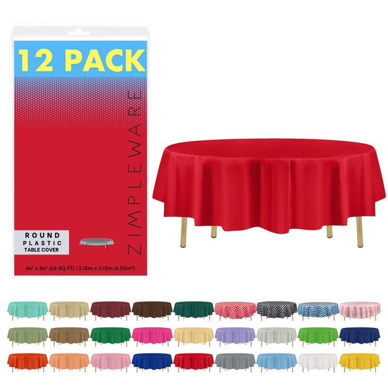 ZIMPLEWARE Premium Red Plastic Table Cloth Disposable 12 Pack Round Tablecloth 84in Party Table Cloths Disposable Perfect Table Cloth Round Cover for Any Table Up to 6 Feet
