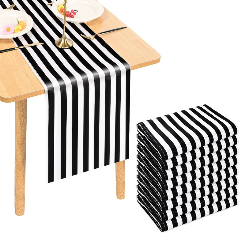 Lykoow 8 Pack Striped Table Runner Polyester Classic Black and White Striped Table Decor for Indoor Outdoor Events Wedding Birthday Parties Banquets and Celebrations 12 x 72 Inch