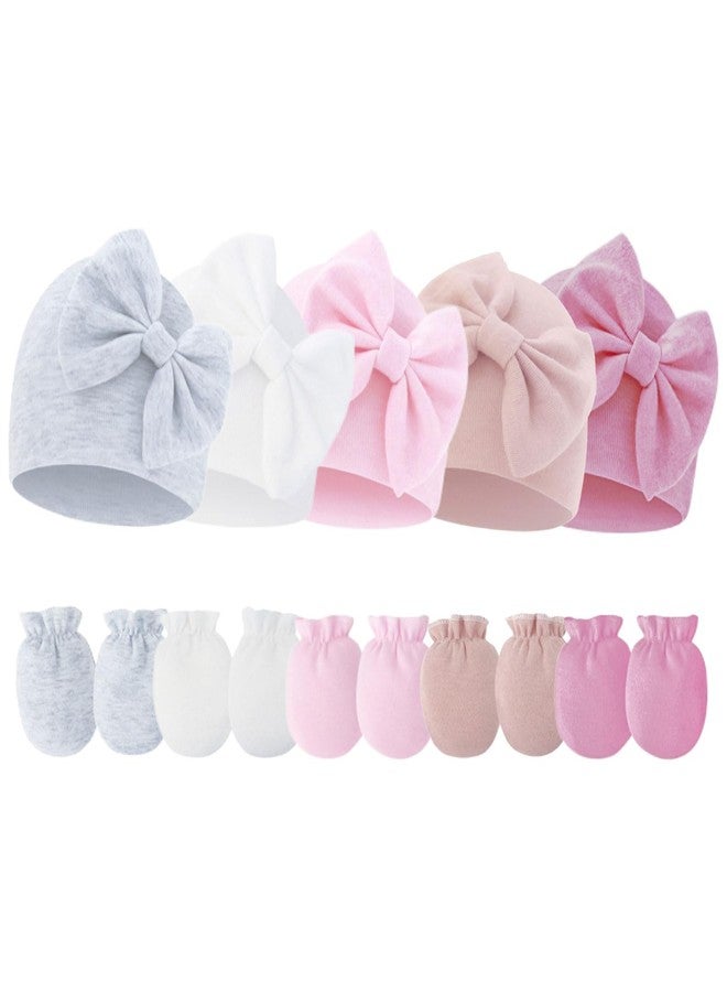 Fecawd Newborn Baby Hats Mittens Sets Bow Infant Caps Gloves No Scratch Mitten Beanie Set for 0-6 Months Girls (Grey) - Image 1