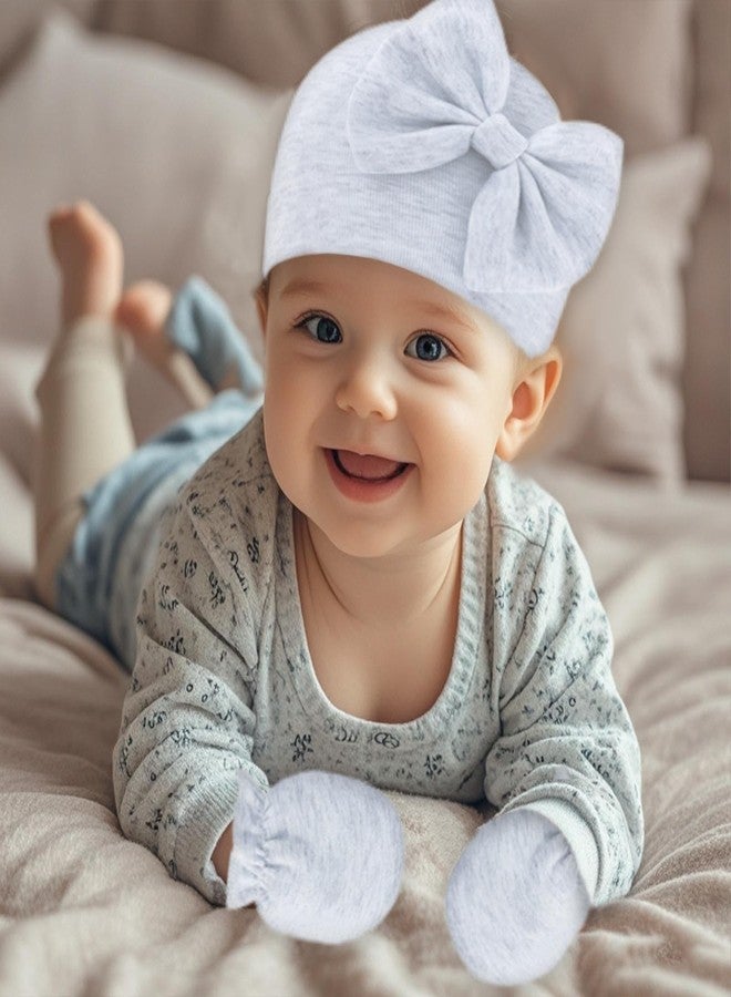 Fecawd Newborn Baby Hats Mittens Sets Bow Infant Caps Gloves No Scratch Mitten Beanie Set for 0-6 Months Girls (Grey) - Image 5
