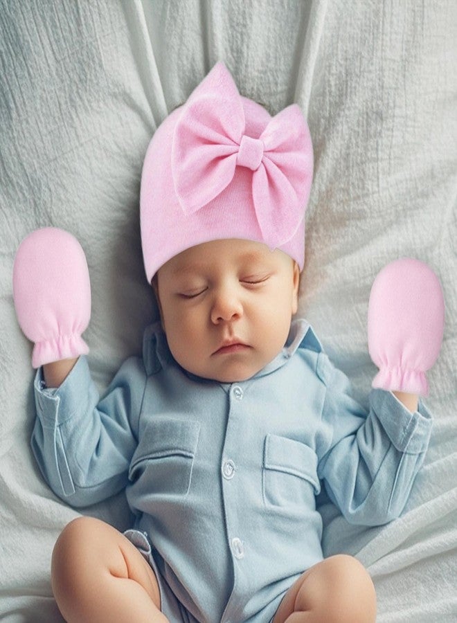 Fecawd Newborn Baby Hats Mittens Sets Bow Infant Caps Gloves No Scratch Mitten Beanie Set for 0-6 Months Girls (Grey) - Image 3