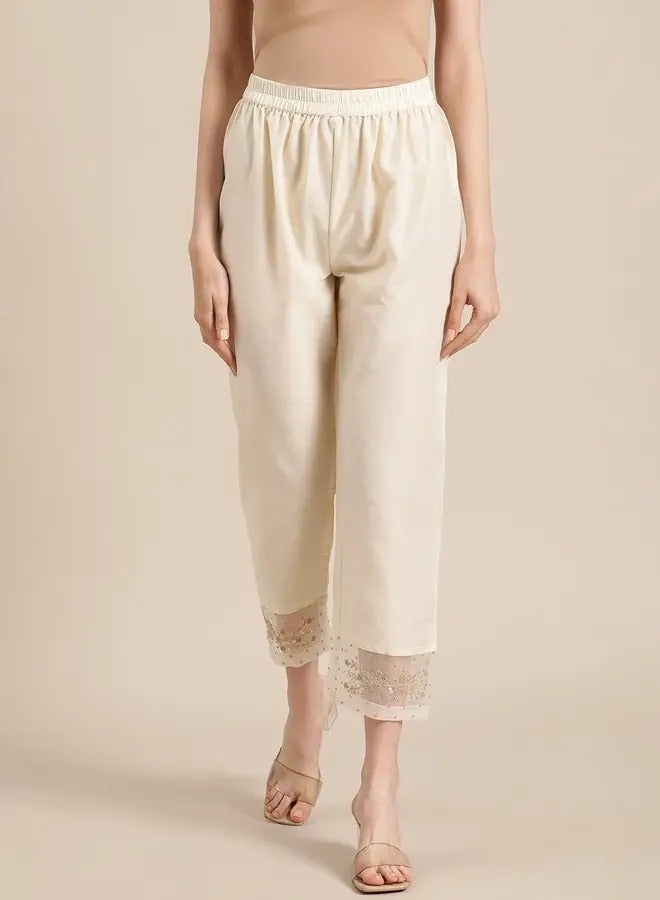 PRASHA Women Off White Silk & Organza Zari Embellished Trousers
