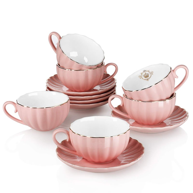 Amazingware Royal Tea Cups and Saucers, with Gold Trim and Gift Box, British Coffee Cups, Porcelain Tea Set, Set of 6 (8 oz)- Pink - Image 1