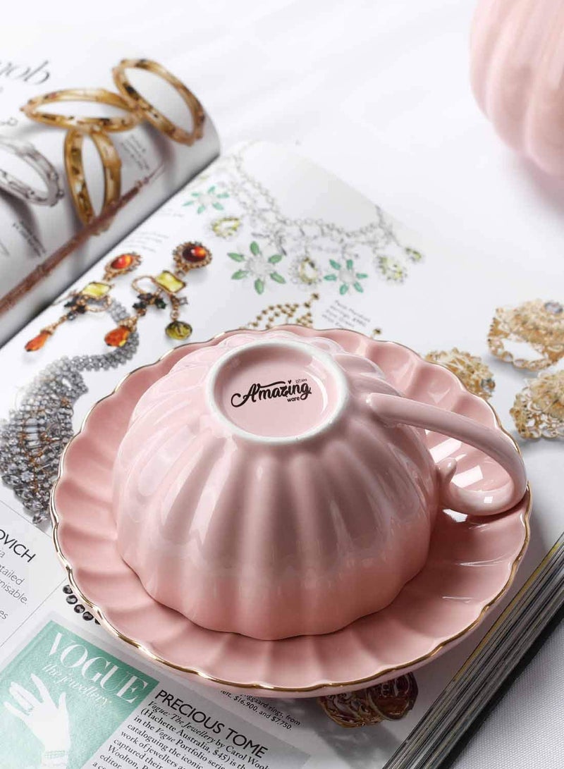 Amazingware Royal Tea Cups and Saucers, with Gold Trim and Gift Box, British Coffee Cups, Porcelain Tea Set, Set of 6 (8 oz)- Pink - Image 5