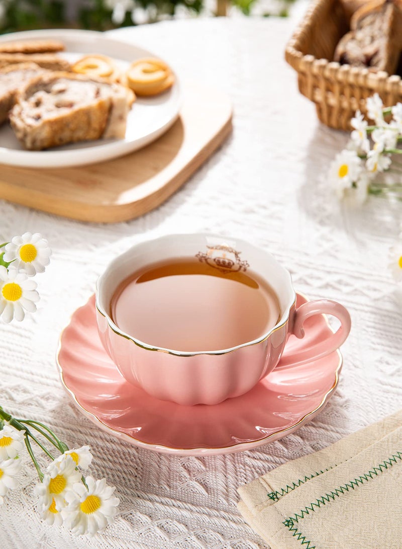 Amazingware Royal Tea Cups and Saucers, with Gold Trim and Gift Box, British Coffee Cups, Porcelain Tea Set, Set of 6 (8 oz)- Pink - Image 2