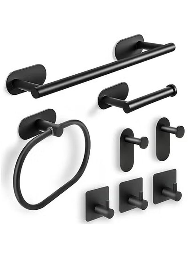 Peachjoy Towel Rail No Drilling Made of 304 Stainless Steel with Toilet Paper Holder and Self-Adhesive Towel Hooks 8-in-1 Bathroom Towel Holder Set, Bathroom Accessories Wall Mounting (Black) - Image 1