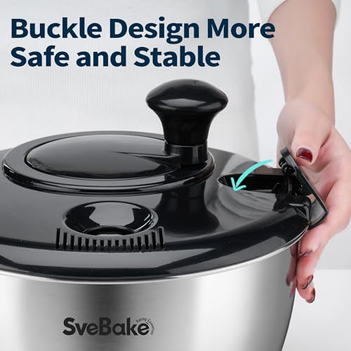 SveBake Stainless Steel Salad Spinner, 4.8 Qt Vegetable Washer, BPA-Free Lettuce Dryer with Crank Design, Dishwasher Safe, Non-Slip Base - Black Lid - Image 4