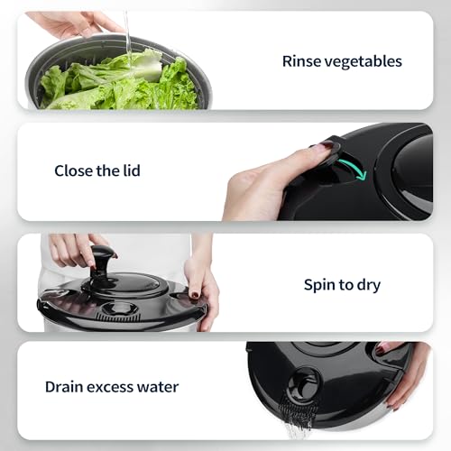 SveBake Stainless Steel Salad Spinner, 4.8 Qt Vegetable Washer, BPA-Free Lettuce Dryer with Crank Design, Dishwasher Safe, Non-Slip Base - Black Lid - Image 5