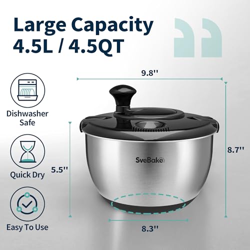 SveBake Stainless Steel Salad Spinner, 4.8 Qt Vegetable Washer, BPA-Free Lettuce Dryer with Crank Design, Dishwasher Safe, Non-Slip Base - Black Lid - Image 2
