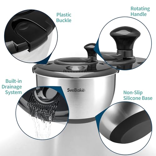 SveBake Stainless Steel Salad Spinner, 4.8 Qt Vegetable Washer, BPA-Free Lettuce Dryer with Crank Design, Dishwasher Safe, Non-Slip Base - Black Lid - Image 3