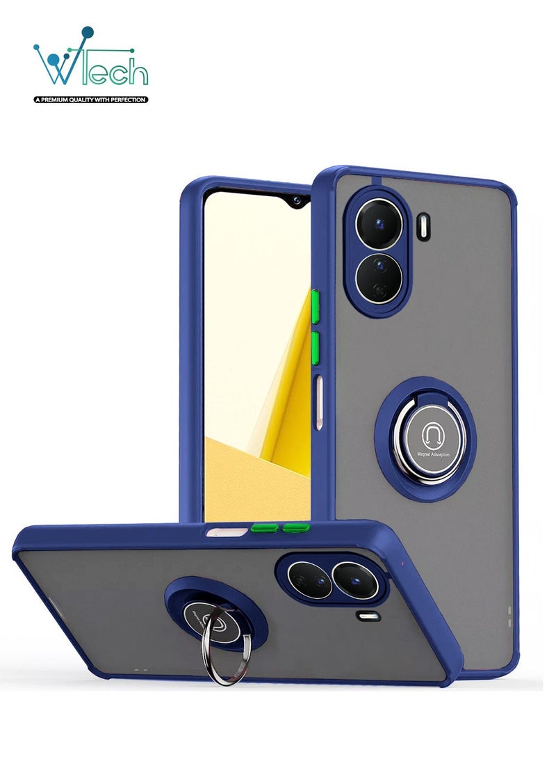 Wtech Magnetic Car Holder Ring Matte Case With Built-in Kickstand For Vivo Y16 4G Navy Blue - Image 1