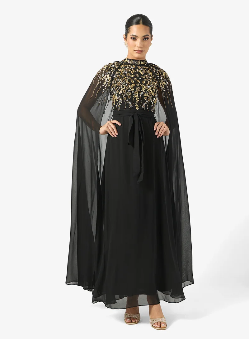 Frock and Frill Cape Sleeve Frill Detailed Embellished Maxi Dress